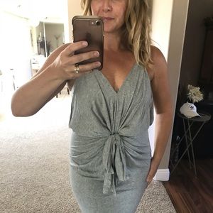 Knot Front Tie Jersey Dress With Draping In Gray!